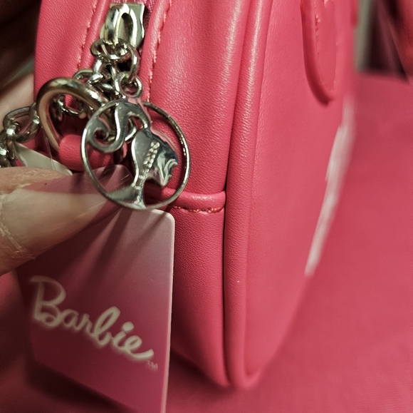 Barbie Logo Pink Faux Boston Handheld Crossbody Shoulder Bag With Chain - Picture 5 of 7